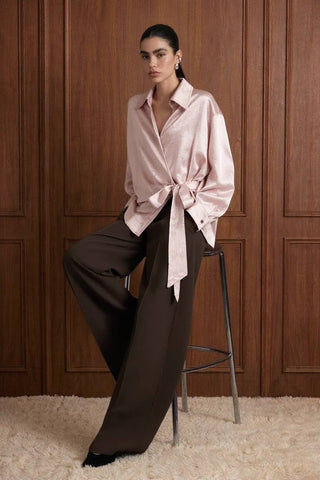 Downtown Crinkled Satin Wrap Tie Blouse