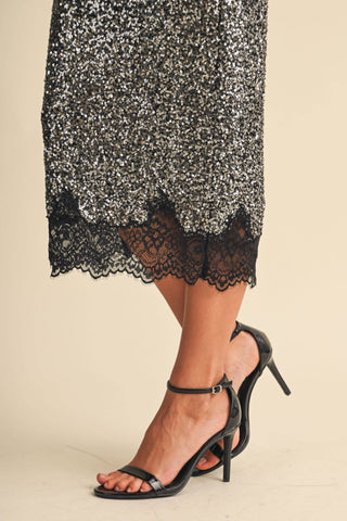 Sequin and Lace Midi Pencil Skirt