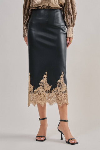 Grace Faux Leather Midi Skirt with Lace Hem