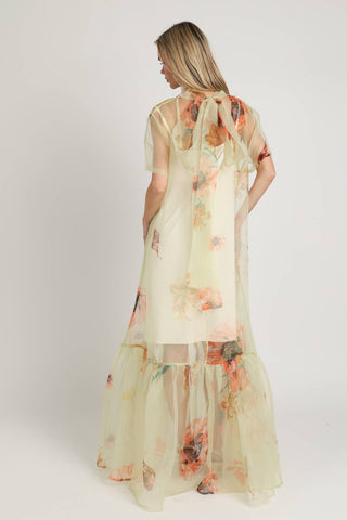 Botanical Print Sheer Overlay Tie-Neck Dress