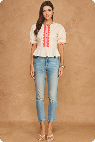 Scalloped Embroidery Detail Puff Sleeve Peplum Top