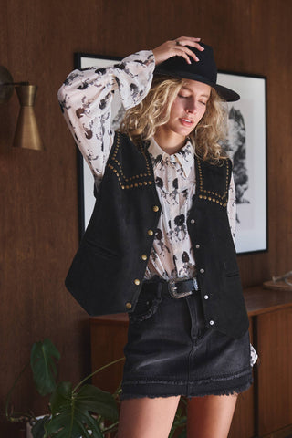 Western Horse Print Button Down Blouse Flared Cuff