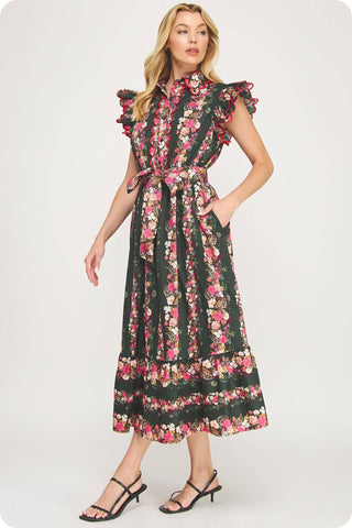Ruffle Scallop Floral Garden Midi Dress