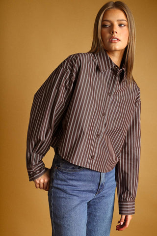 STRIPED BUTTON FRONT CROP SHIRT