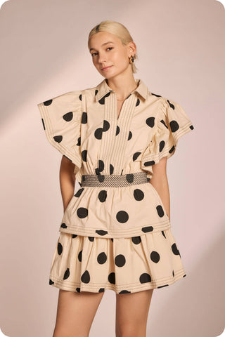 Top Stitch Statement Sleeve Polka Dot Mini Dress