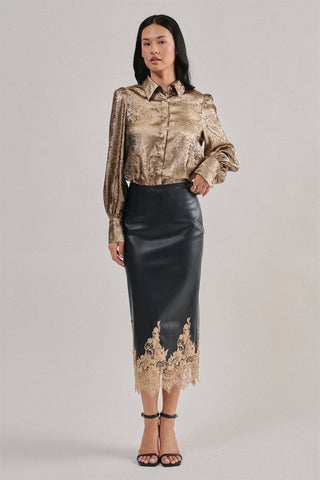 Grace Faux Leather Midi Skirt with Lace Hem – view 8 – Into The Palms