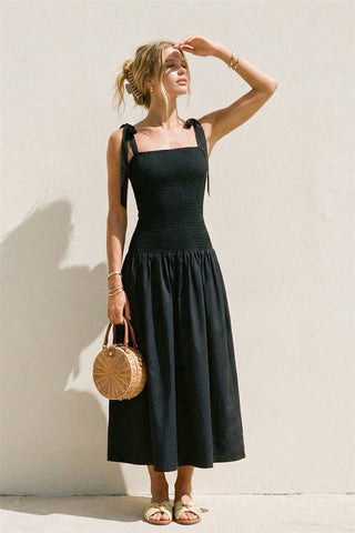 Tie Shoulder Navy Drop Waist Smocked Dress