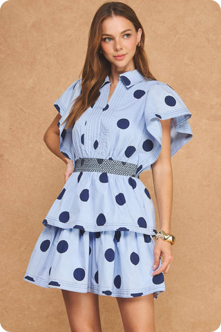 Top Stitch Statement Sleeve Polka Dot Mini Dress