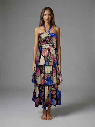 Night Blossom Halter Tiered Maxi Dress
