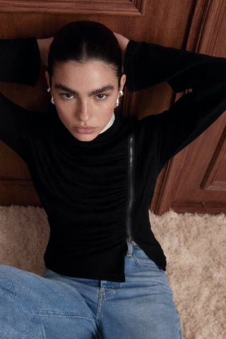 Asymmetric Zip Ruched Bodice Top