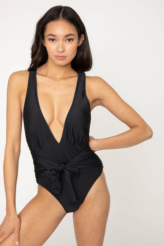 V Neck Tie Front or Back Black Swimsuit