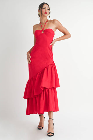Ruffle Halter Maxi Linen Dress