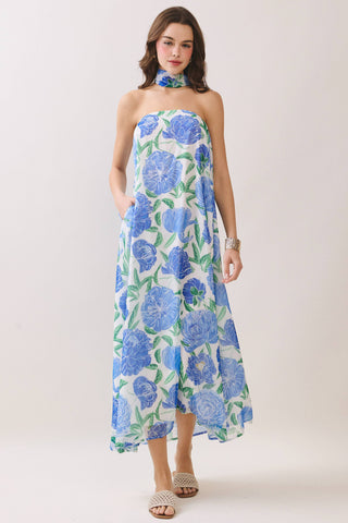 Peony Palm Dress with Convertible Scarf