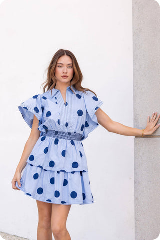 Top Stitch Statement Sleeve Polka Dot Mini Dress