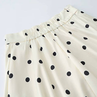 Ivory Polka Dot High Waist Satin A-Line Maxi Skirt