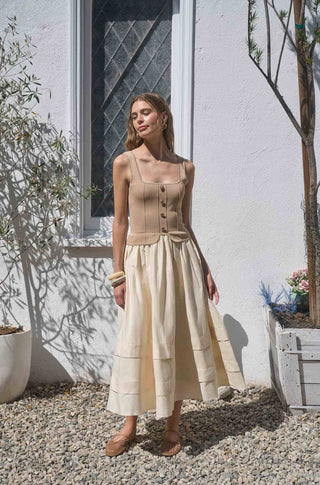 Portofino Mixed Media Button Midi Dress