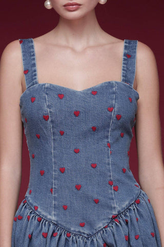 Heart Embroidered Denim Drop-Waist Mini Dress