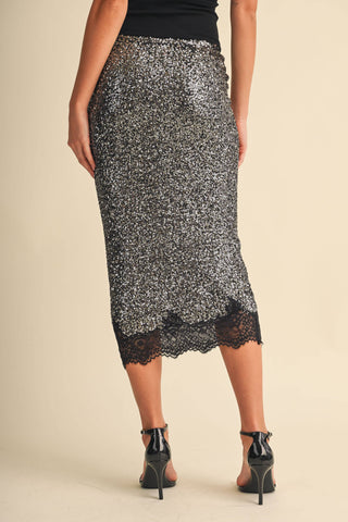 Sequin and Lace Midi Pencil Skirt