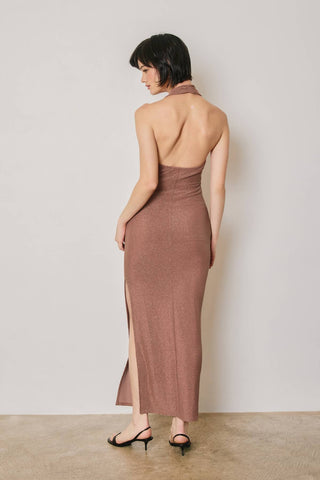 Monroe Metallic Gold Trim Halter Open Back Dress