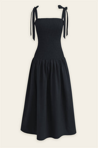 Tie Shoulder Navy Drop Waist Smocked Dress