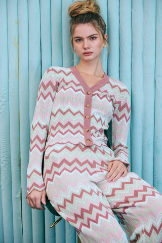 Rosé Riviera Knit Set - Geometric Pattern Knit Cardigan & Pants Set