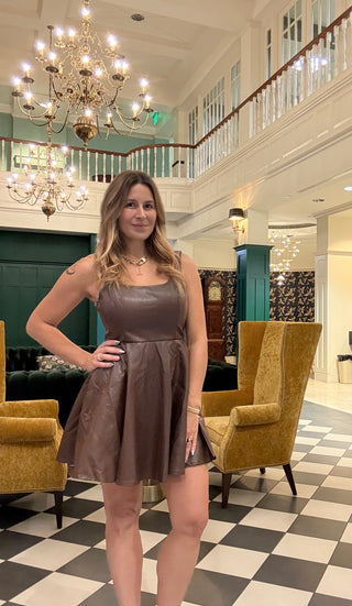 Celine Faux Leather Scoop Mini Dress