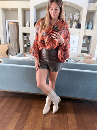 Wild Horses Draped Equestrian Satin Blouse