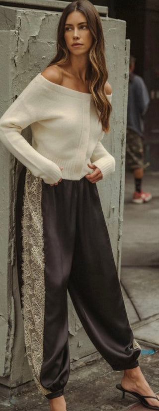 Noir Chantilly Satin and Lace Pants