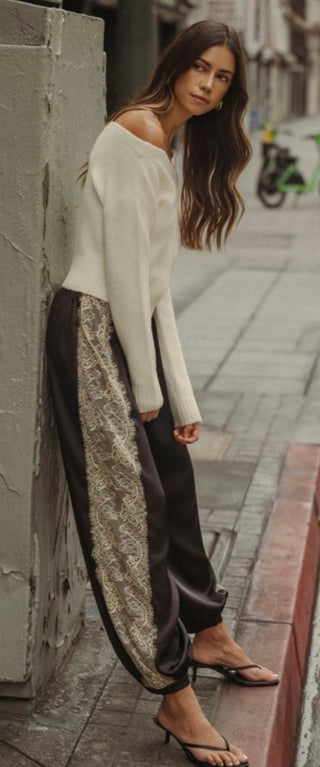 Noir Chantilly Satin and Lace Pants