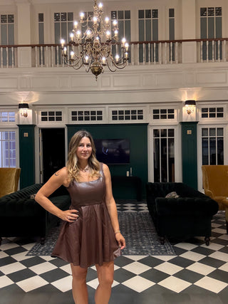 Celine Faux Leather Scoop Mini Dress