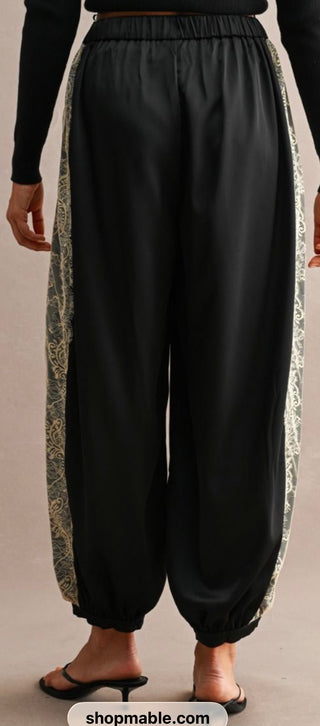 Noir Chantilly Satin and Lace Pants