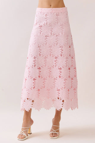Floral Lace 2 Piece Set Scalloped Hem Top and Midi Skirt – on model side – Into The Palms boutique