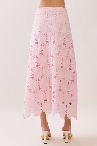 Floral Lace 2 Piece Set Scalloped Hem Top and Midi Skirt – on model back – Into The Palms boutique