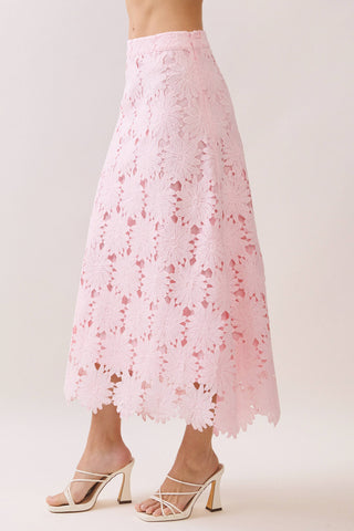 Floral Lace 2 Piece Set Scalloped Hem Top and Midi Skirt – on model front – Into The Palms boutique