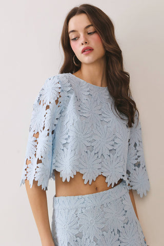 Floral Lace 2 Piece Set Scalloped Hem Top and Midi Skirt – close up scallop hem – Into The Palms boutique