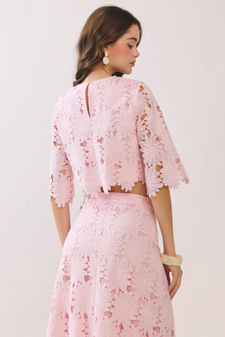 Floral Lace 2 Piece Set Scalloped Hem Top and Midi Skirt – detail lace – Into The Palms boutique