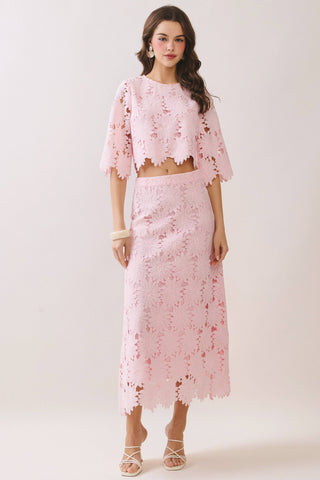 Floral Lace 2 Piece Set Scalloped Hem Top and Midi Skirt – styled alternate – Into The Palms boutique