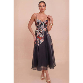 Rosalie Floral Corset Midi Dress - Noir