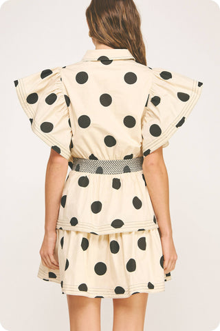 Top Stitch Statement Sleeve Polka Dot Mini Dress