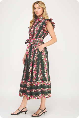 Ruffle Scallop Floral Garden Midi Dress