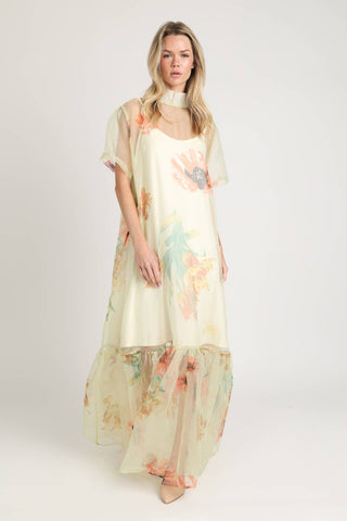 Botanical Print Sheer Overlay Tie-Neck Dress