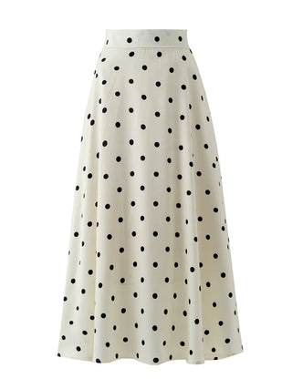 Ivory Polka Dot High Waist Satin A-Line Maxi Skirt
