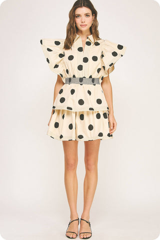 Top Stitch Statement Sleeve Polka Dot Mini Dress