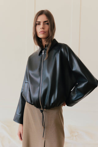 The Lizette Jacket | Pleather Drawstring Bomber Jacket