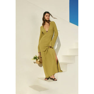 Ecru Escape Gold Trim Bell Sleeve Maxi Dress