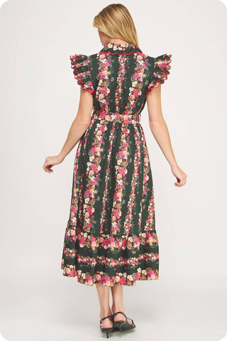 Ruffle Scallop Floral Garden Midi Dress