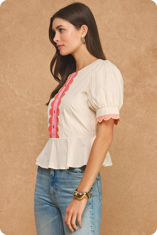 Scalloped Embroidery Detail Puff Sleeve Peplum Top
