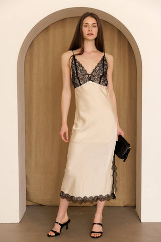 Champagne Noir Lace Slip Midi Dress