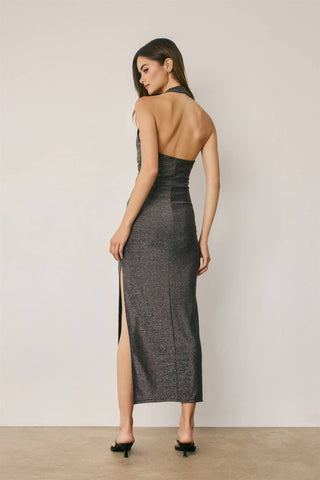 Monroe Metallic Gold Trim Halter Open Back Dress