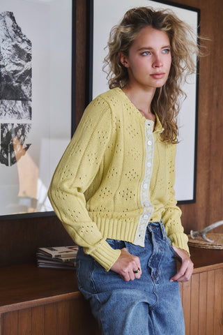 Pointelle Knit Cardigan Lace Trim Button Down
